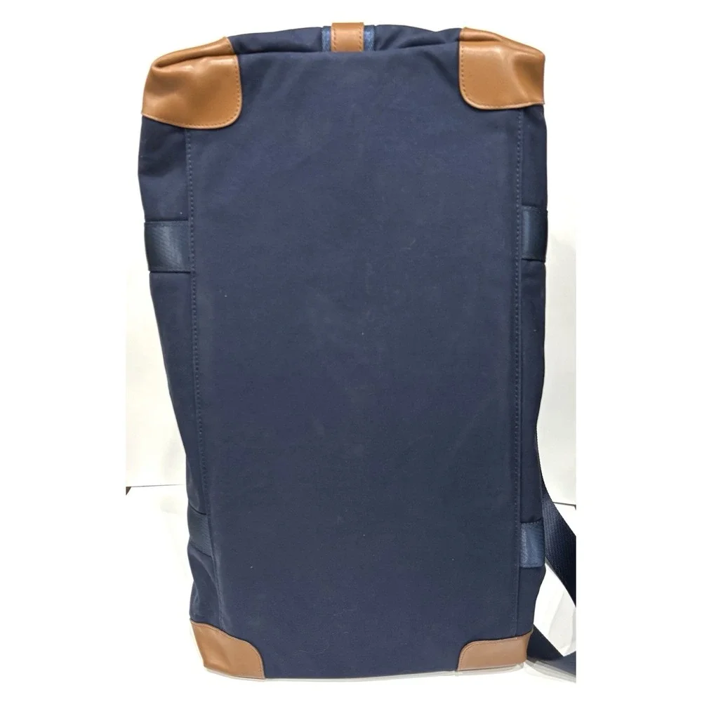 Brooks Brothers Navy Canvas Leather Trim Weekender Duffel Travel Bag Plaid